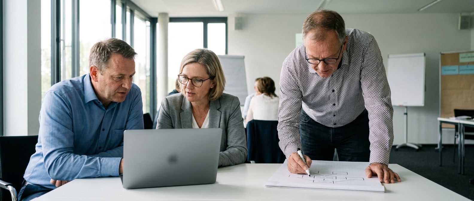 Zwei Teilnehmende arbeiten am Laptop, der Trainer skizziert daneben ein Diagramm