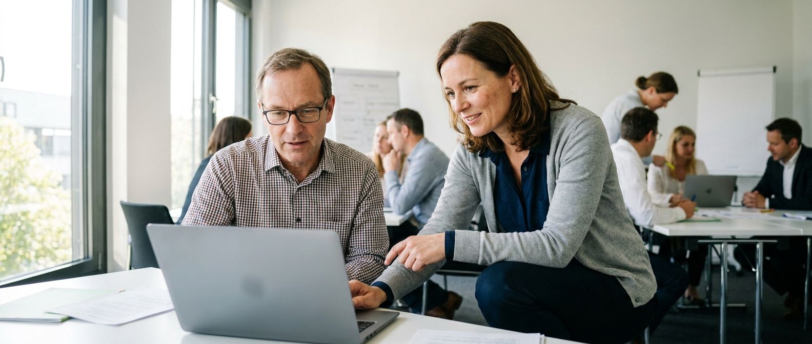 Trainerin erklärt einer teilnehmenden Person etwas am Laptop im Seminarraum