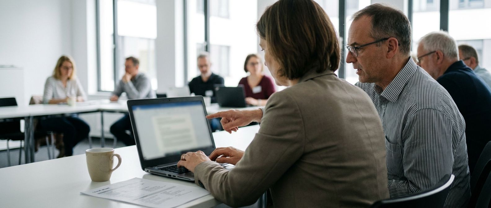 Trainer zeigt einer Teilnehmerin am Laptop, wie sie einen Prompt verbessert