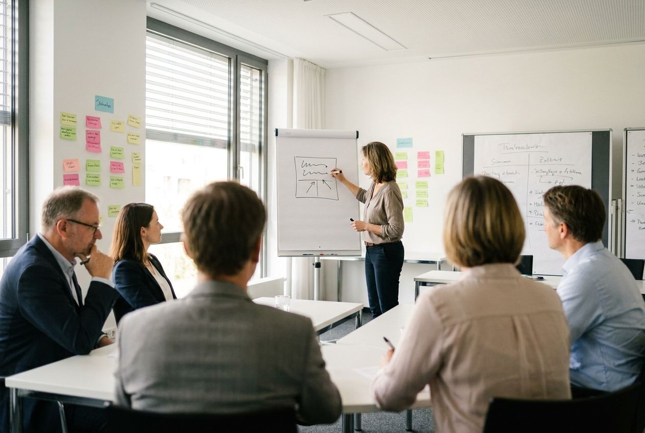 Trainerin erklärt am Flipchart, Teilnehmende folgen vom Seminartisch aus