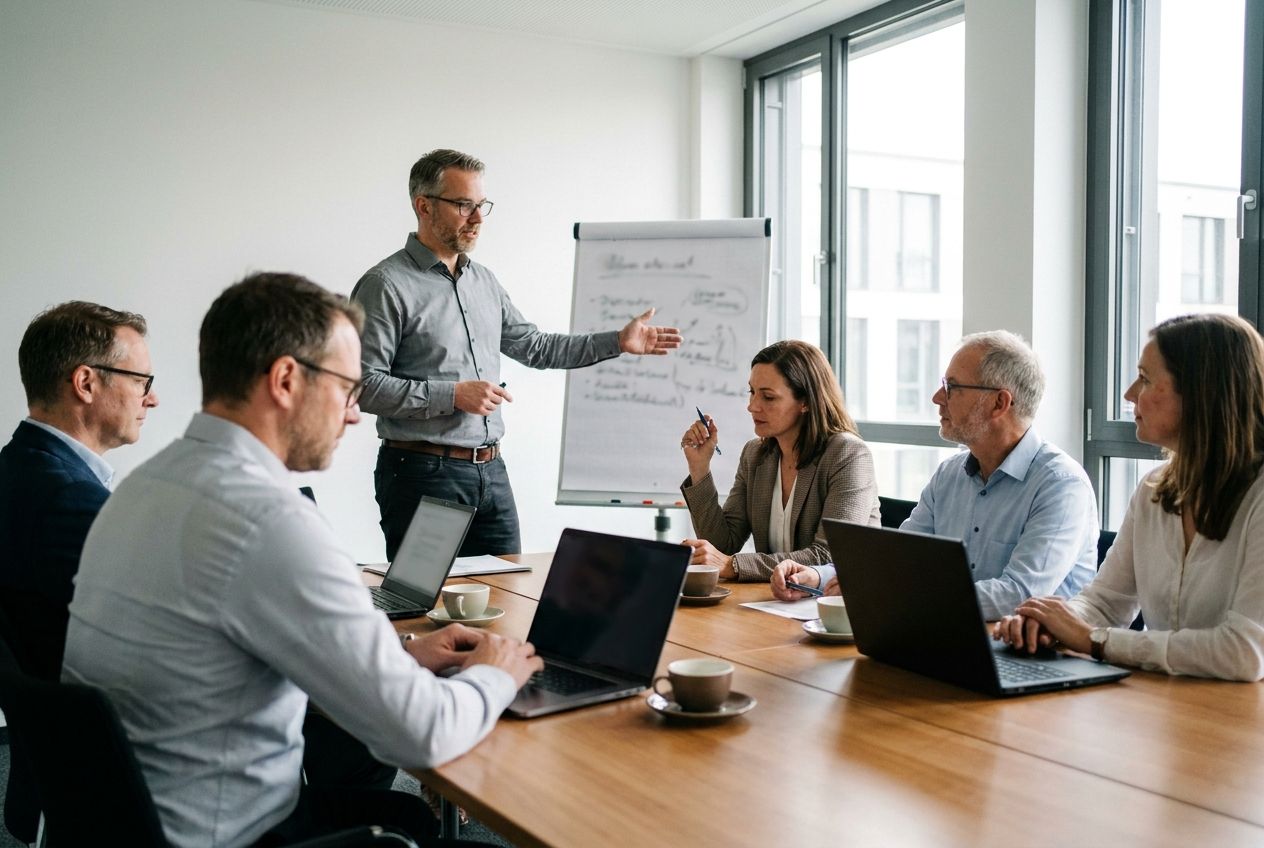 Trainer präsentiert vor einem Firmenteam im Konferenzraum