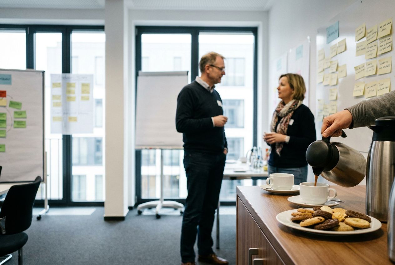 Kaffeepause in einem Seminar: Kaffee wird eingeschenkt, Teilnehmende im Gespräch